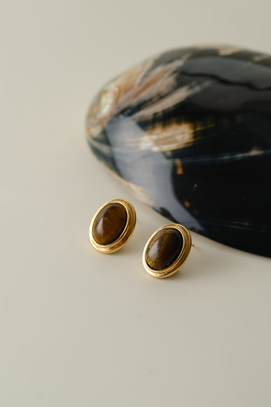 Tiger eyes - Copper plated with 18ct gold / Silver needles earrings